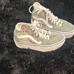 Vans Sage Green High-Top Sneakers with Floral Embroidery